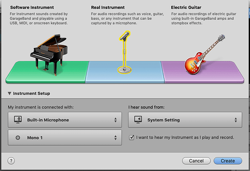 GarageBand new track configuration